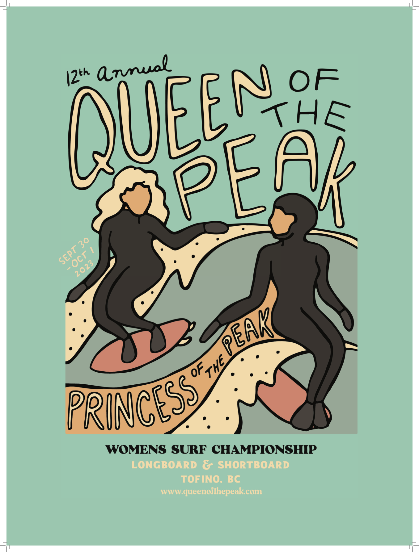 an Illustrated poster of two women or nonbinary surfers catching a wave. Text: 2023 Queen of the Peak